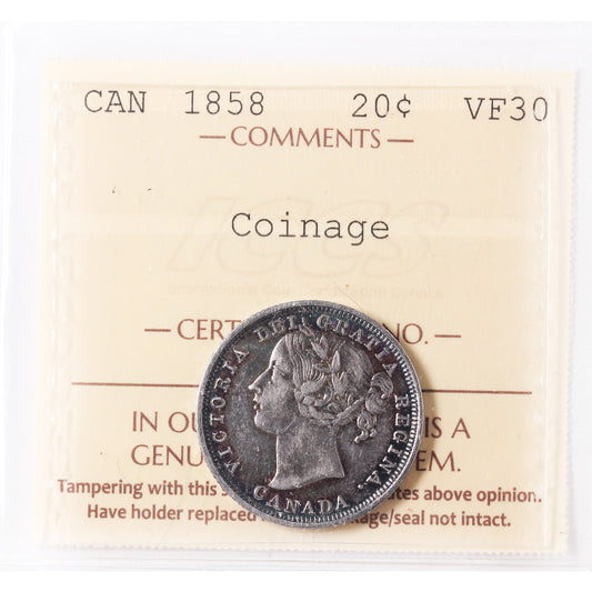 1858 Canada 20-cents ICCS Certified VF30 (XVR 134)