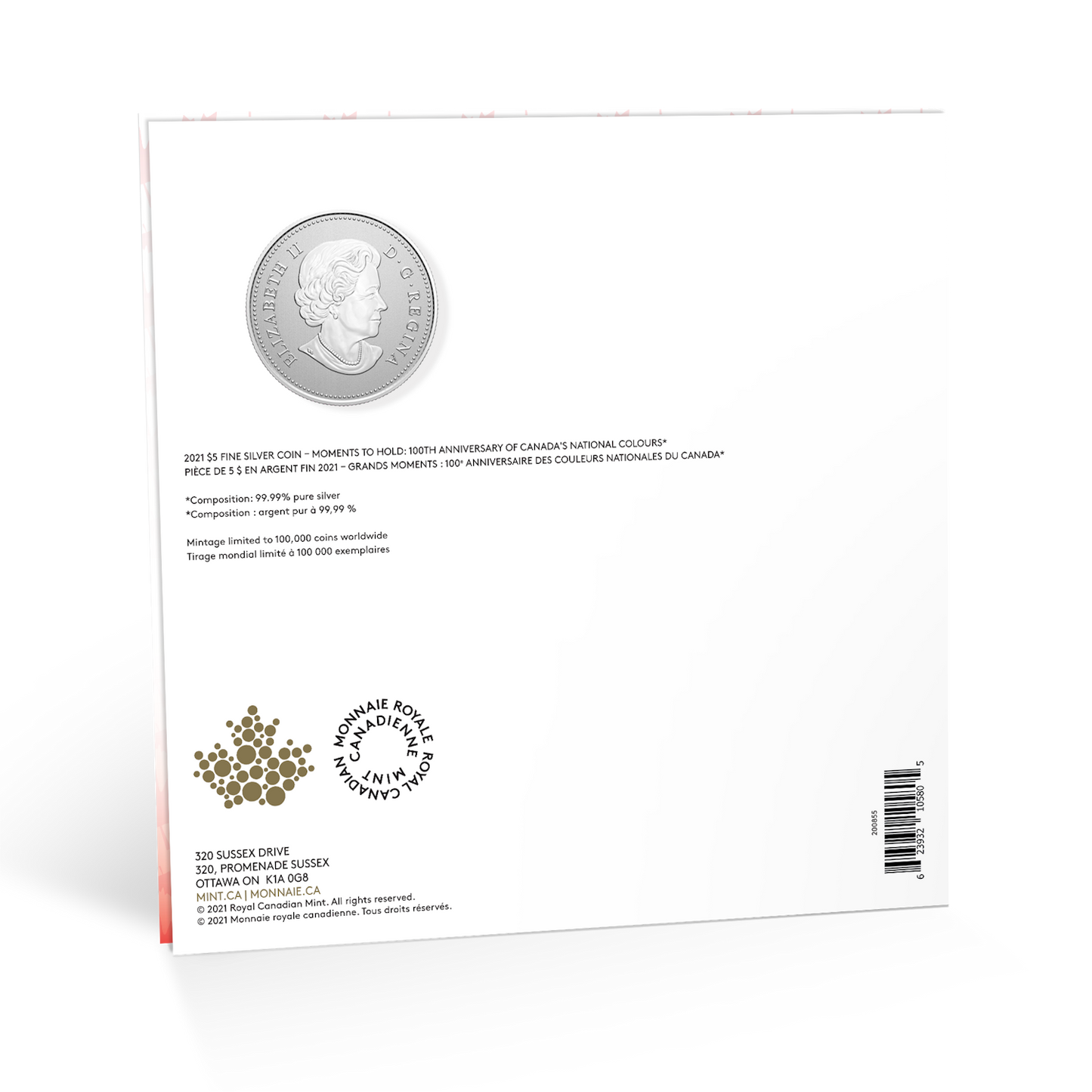 2021 $5 Moments to Hold - 100th Anniversary of Canada's National Colours (No Tax)