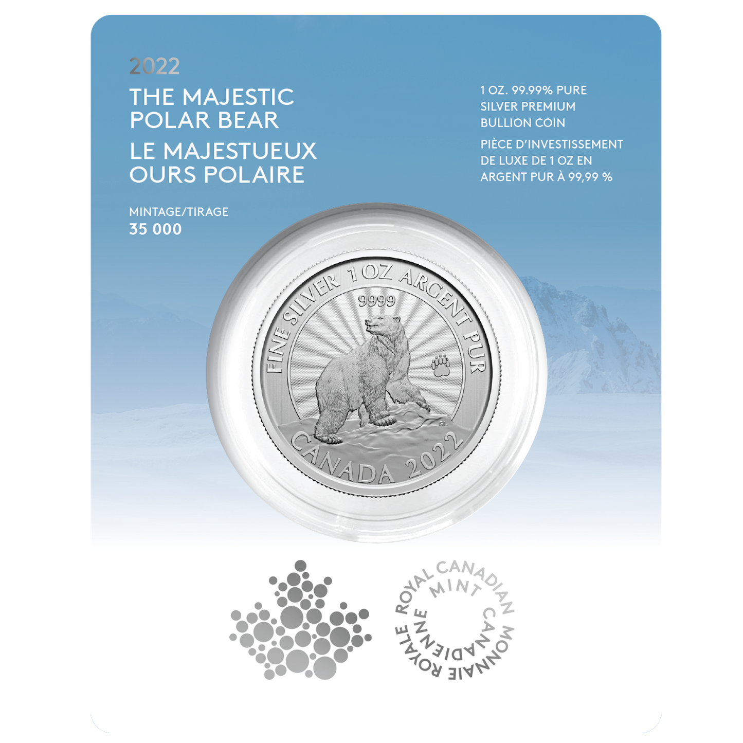 2022 Canada $5 The Majestic Polar Bear 1oz. Pure Silver (No Tax)