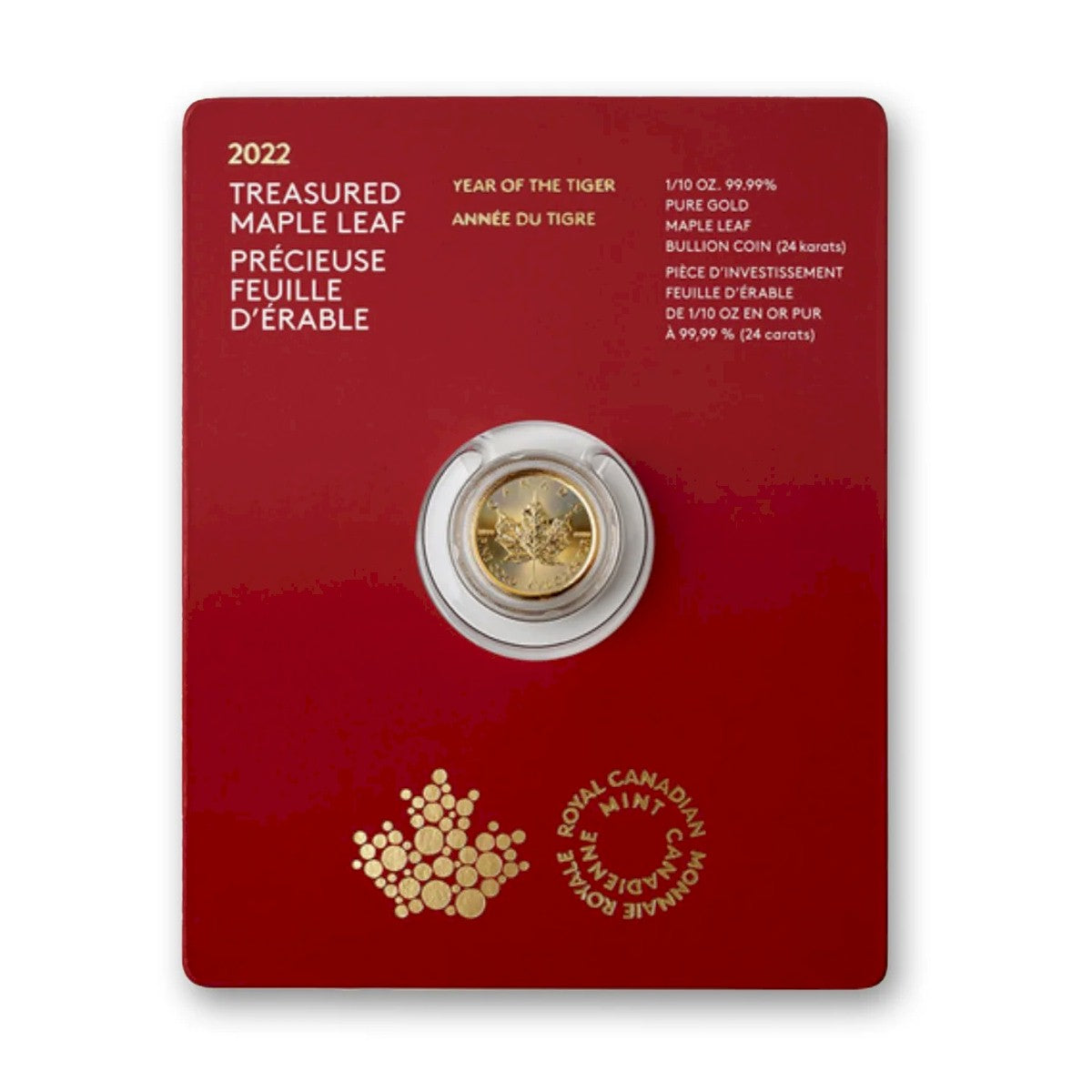 2022 Canada $5 Treasured Maple Leaf - Year of the Tiger 1/10oz. Pure Gold (No Tax)