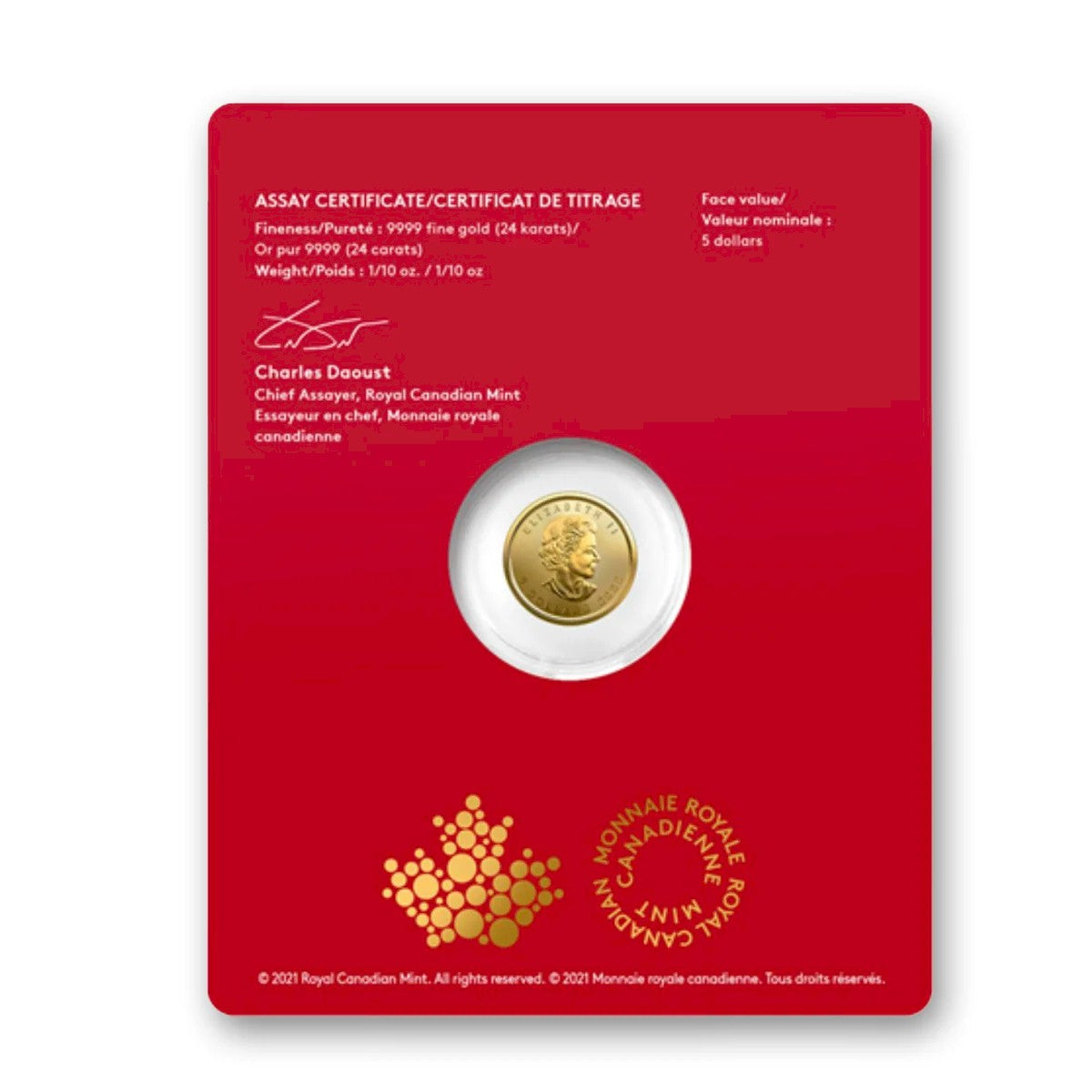 2022 Canada $5 Treasured Maple Leaf - Year of the Tiger 1/10oz. Pure Gold (No Tax)