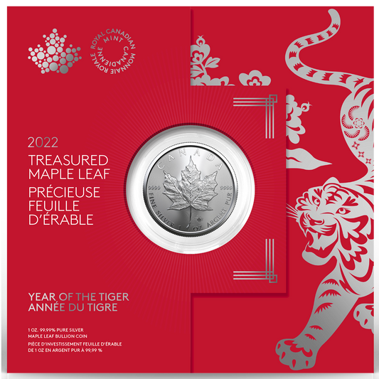 2022 Canada $5 Year of the Tiger Treasured Silver Maple Leaf 1oz. Fine Silver (No Tax)