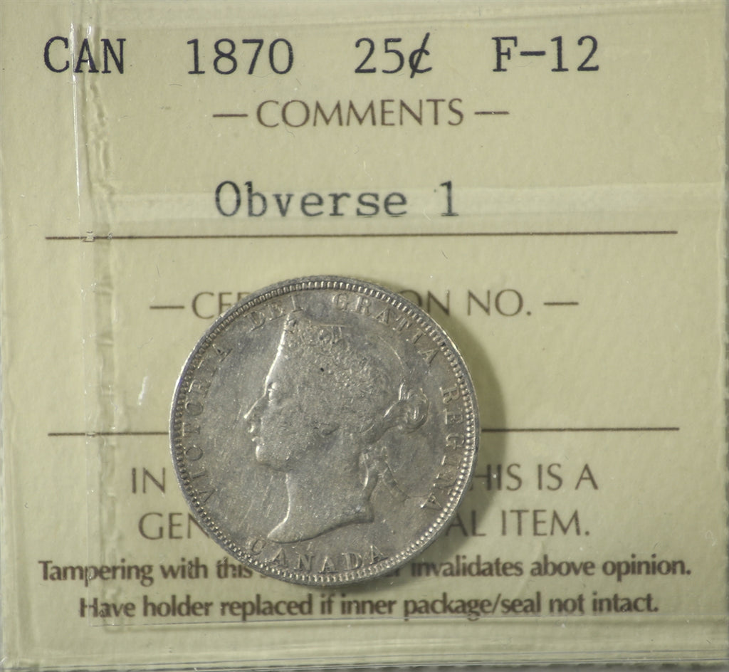 1870 Obv. 1 Canada 25-cents ICCS Certified F12