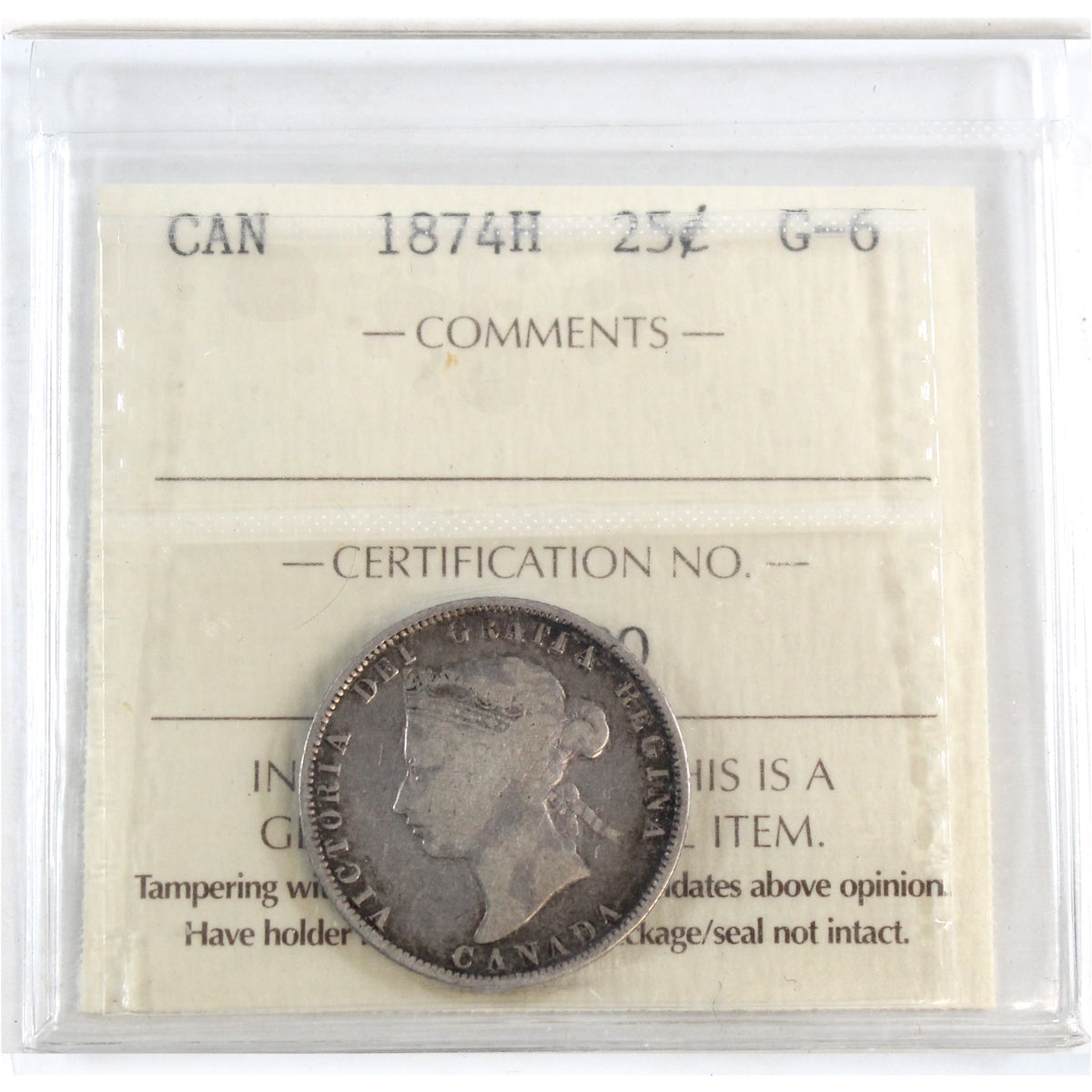 1874H Canada 25-cents ICCS Certified G6