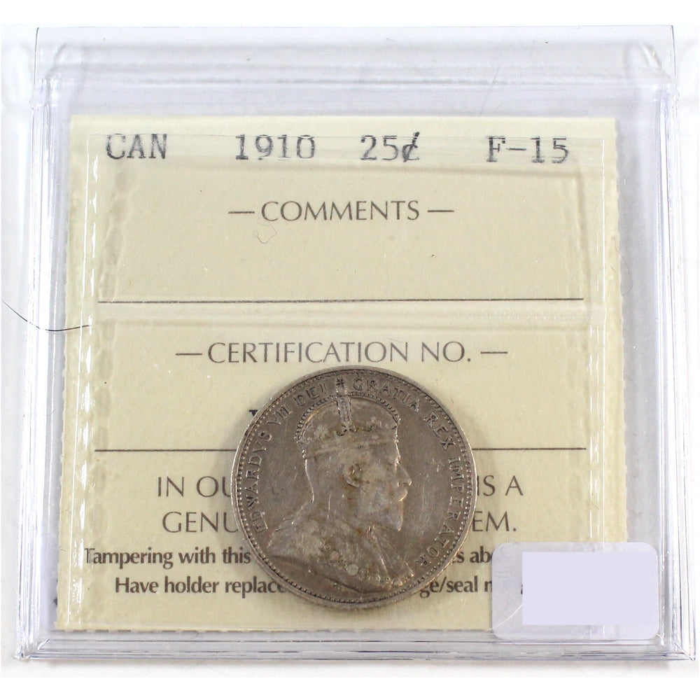 1910 Canada 25-cents ICCS Certified F15