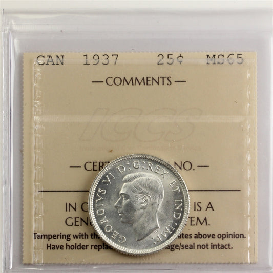 1937 Canada 25-cents ICCS Certified MS65 (XZL 259)