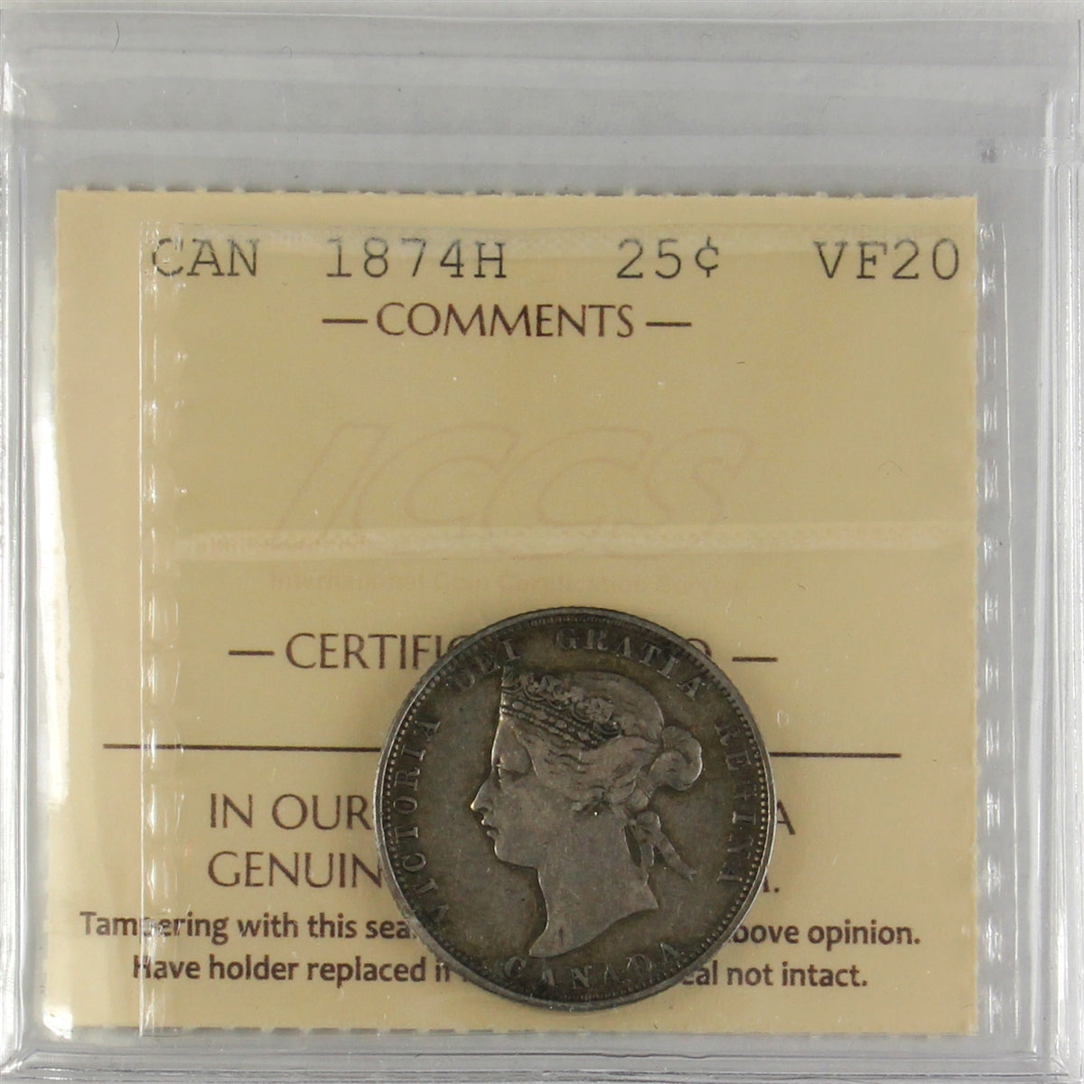 1874H Canada 25-cents ICCS Certified VF20
