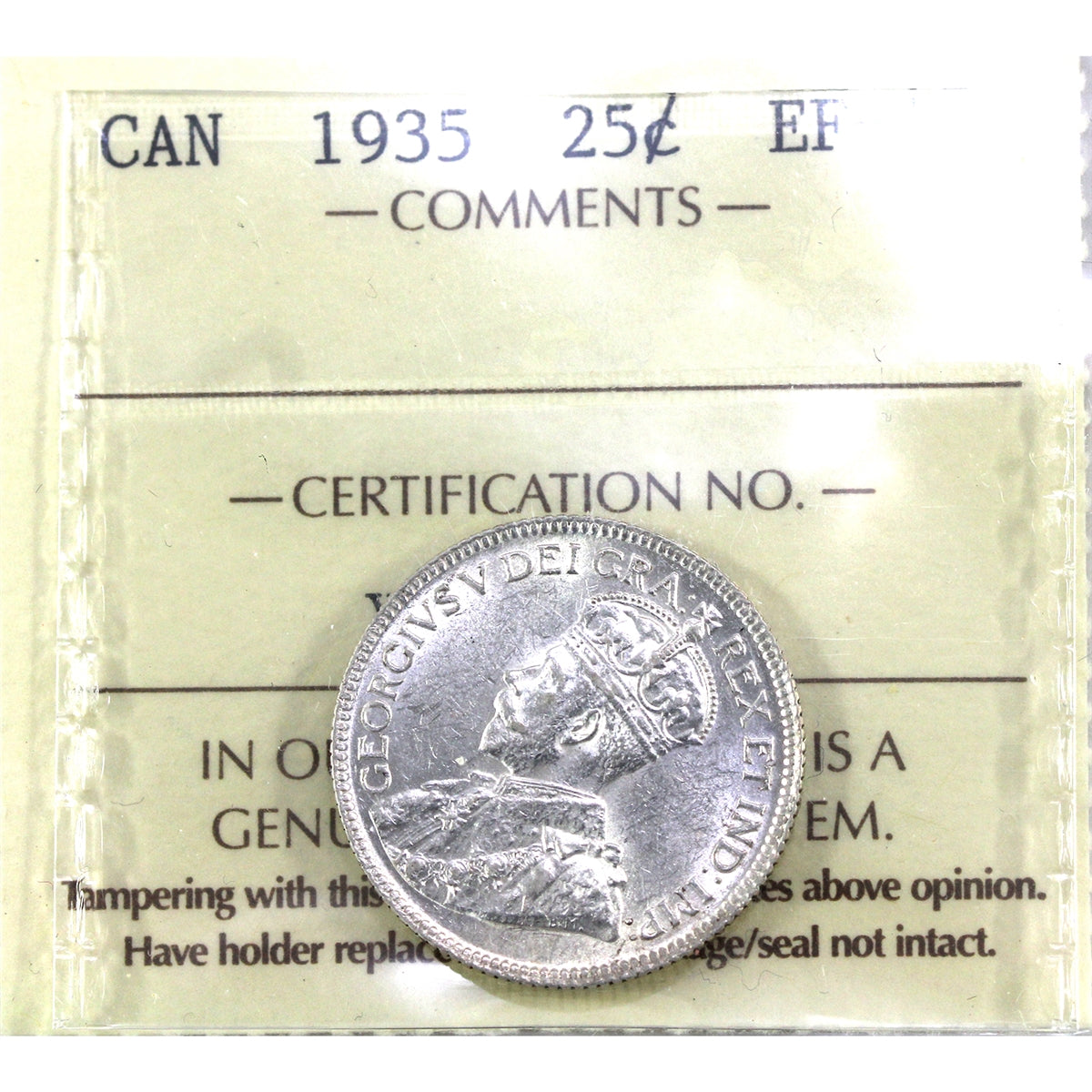 1935 Canada 25-cents ICCS Certified EF45