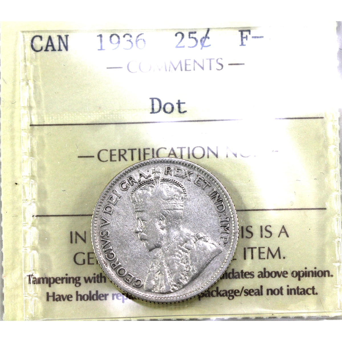 1936 Dot Canada 25-cents ICCS Certified F12