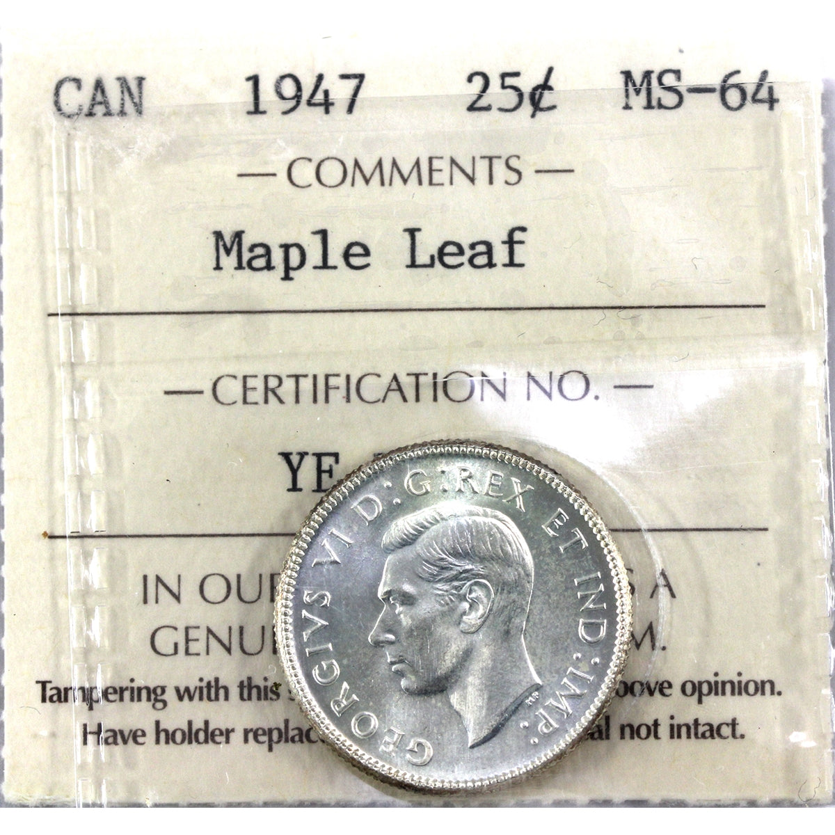 1947 Maple Leaf Canada 25-cents ICCS Certified MS64