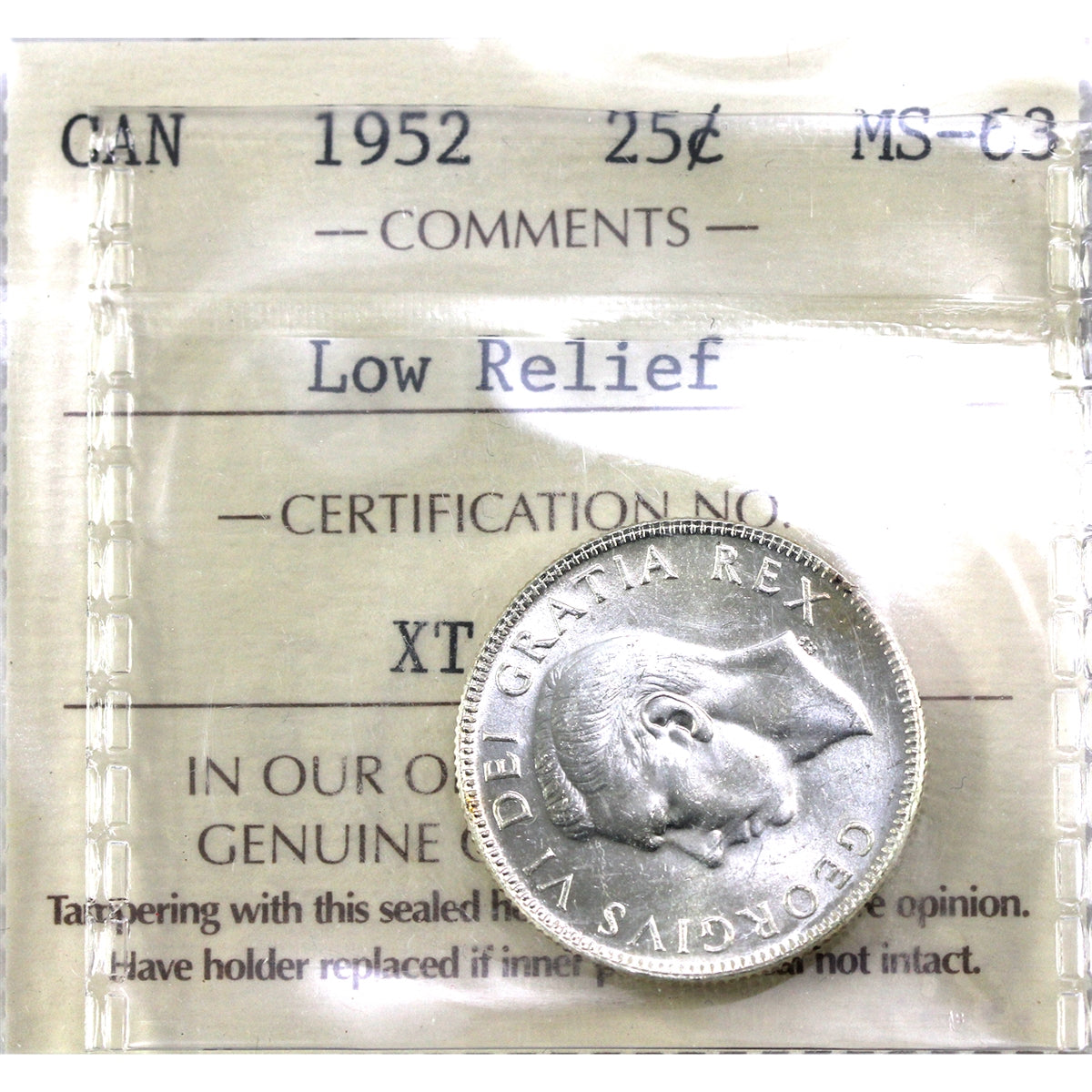 1952 Low Relief Canada 25-cents ICCS Certified MS63