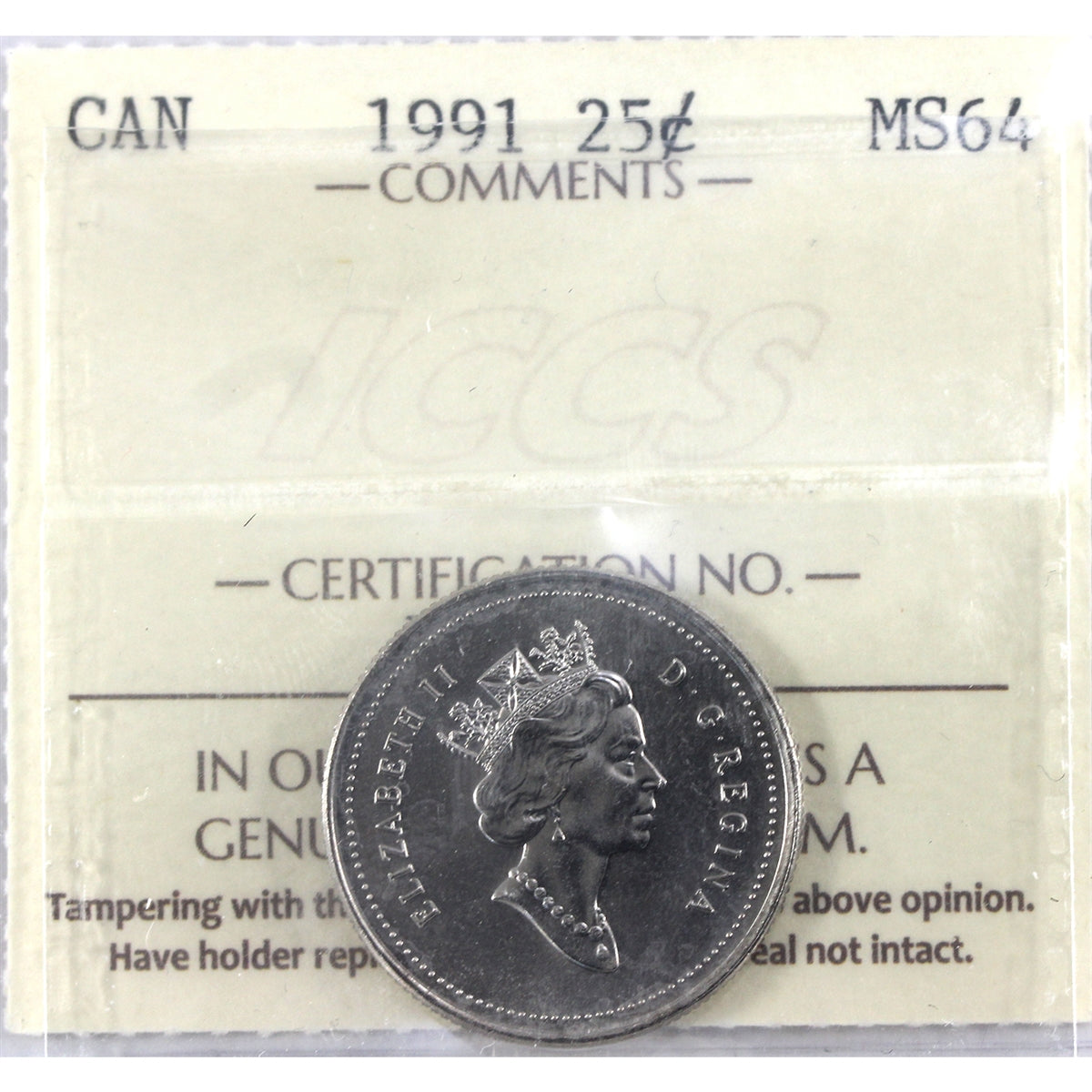 1991 Canada 25-cents ICCS Certified MS64