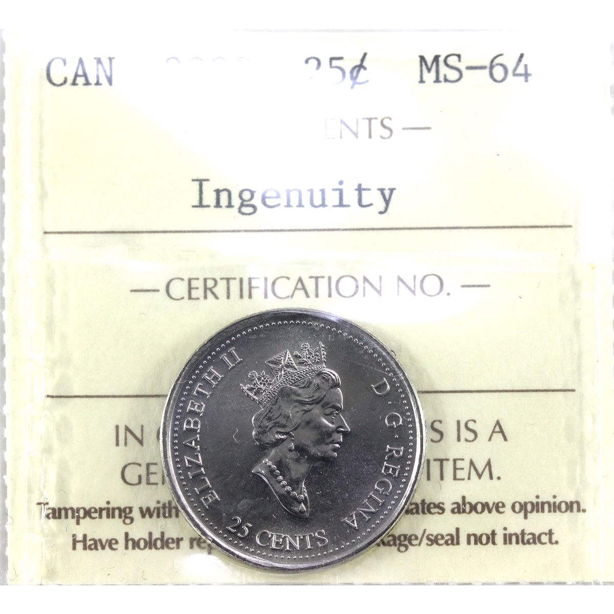 2000 Ingenuity Canada 25-cents ICCS Certified MS64