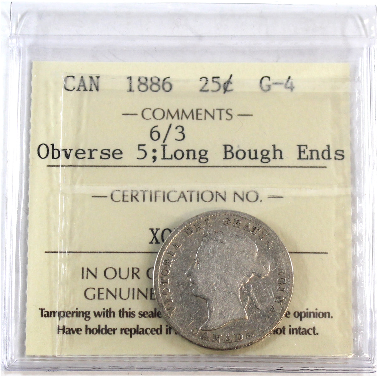 1886 6/3; Long Bough Ends, Obv. 5 Canada 25-cents ICCS Certified G4