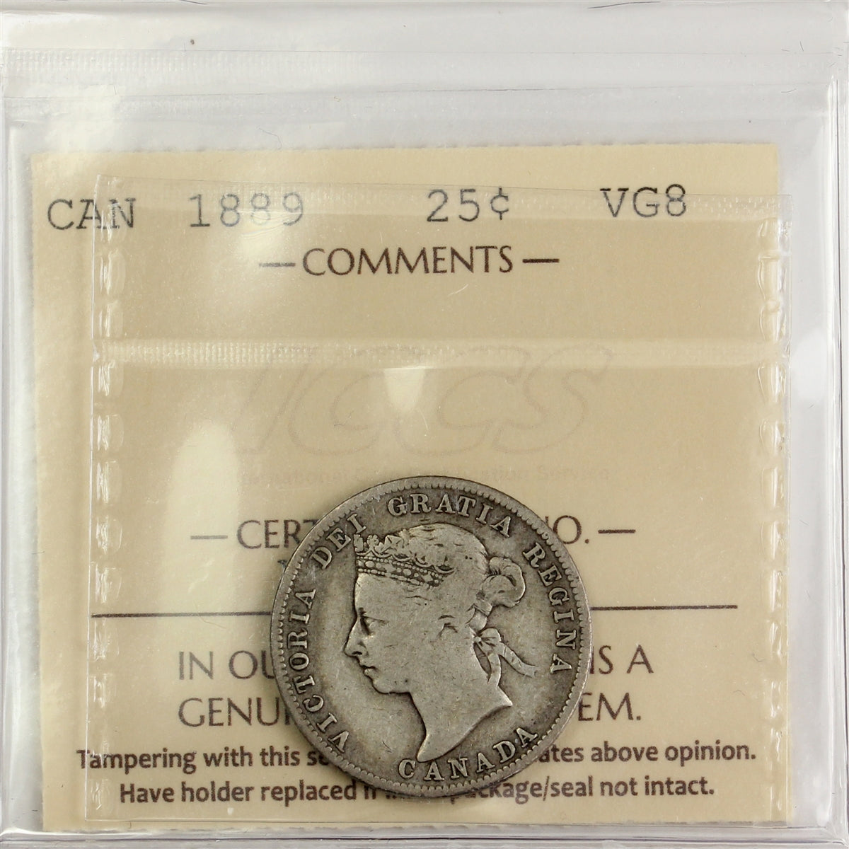 1889 Canada 25-cents ICCS Certified VG8
