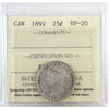 1892 Canada 25-cents ICCS Certified VF20