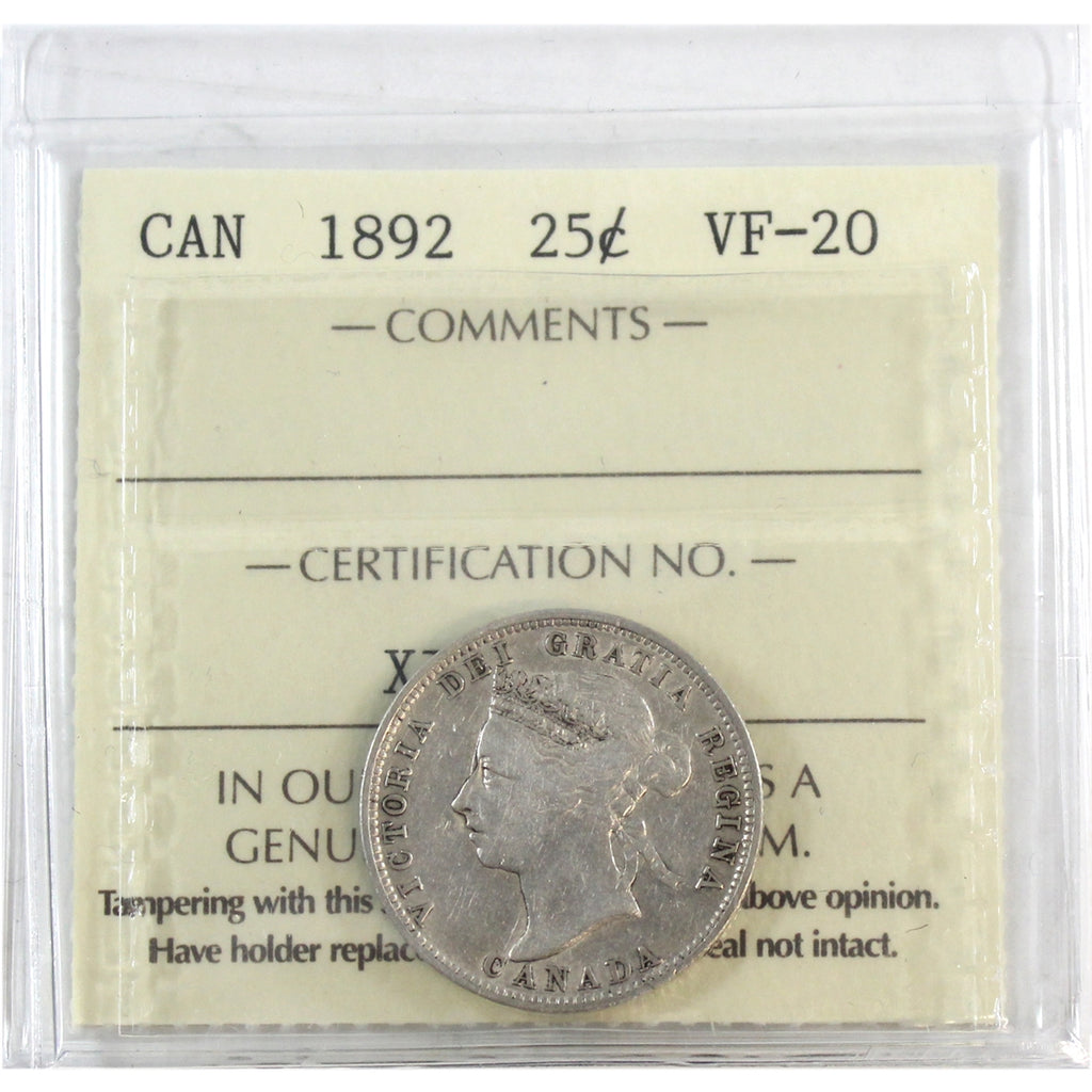 1892 Canada 25-cents ICCS Certified VF20