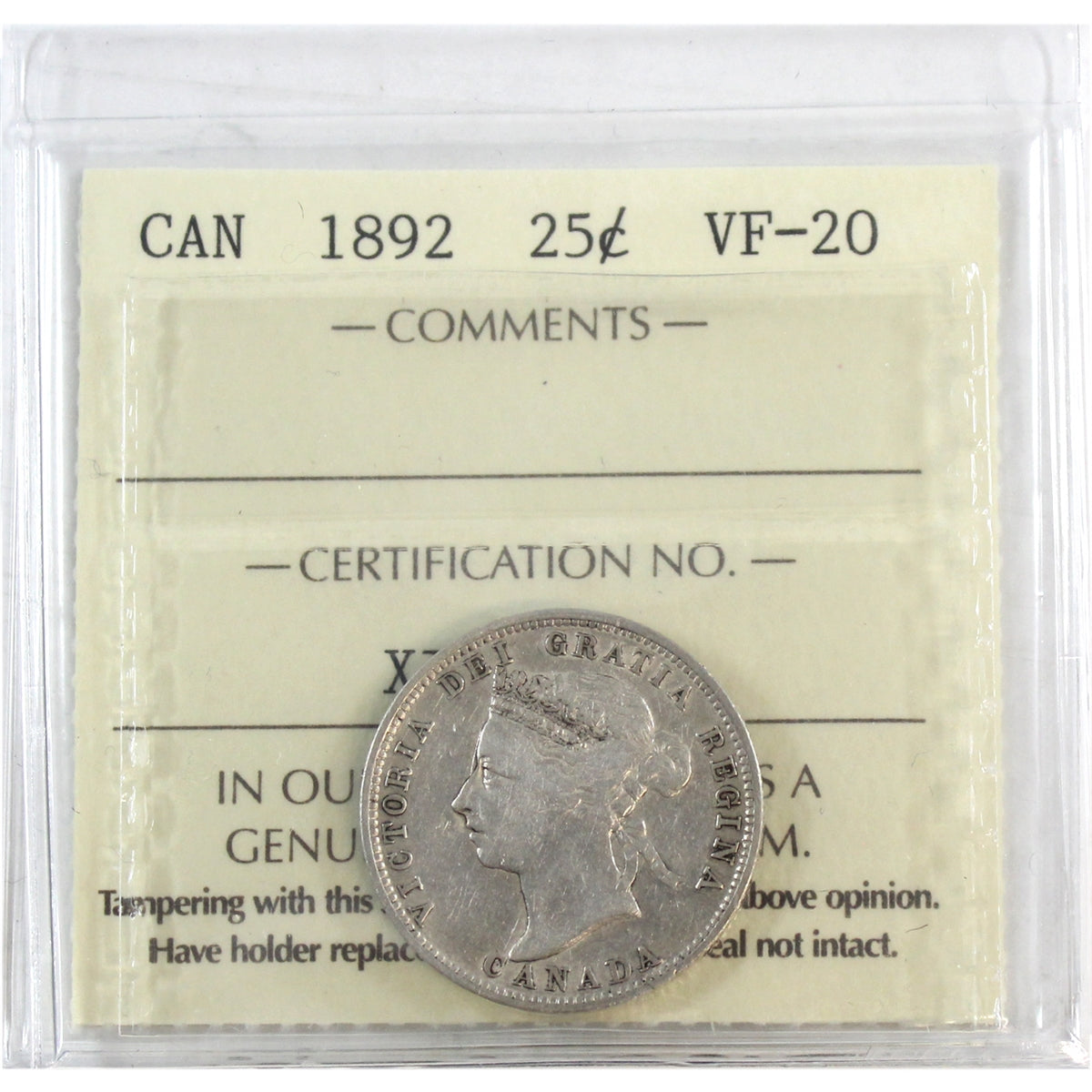 1892 Canada 25-cents ICCS Certified VF20