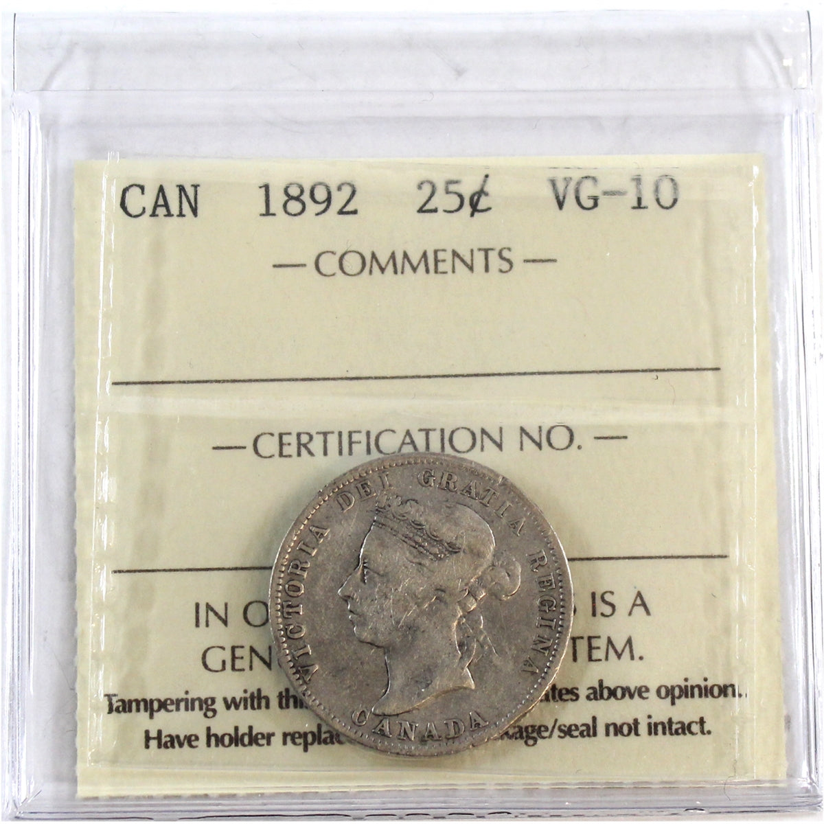 1892 Canada 25-cents ICCS Certified VG10