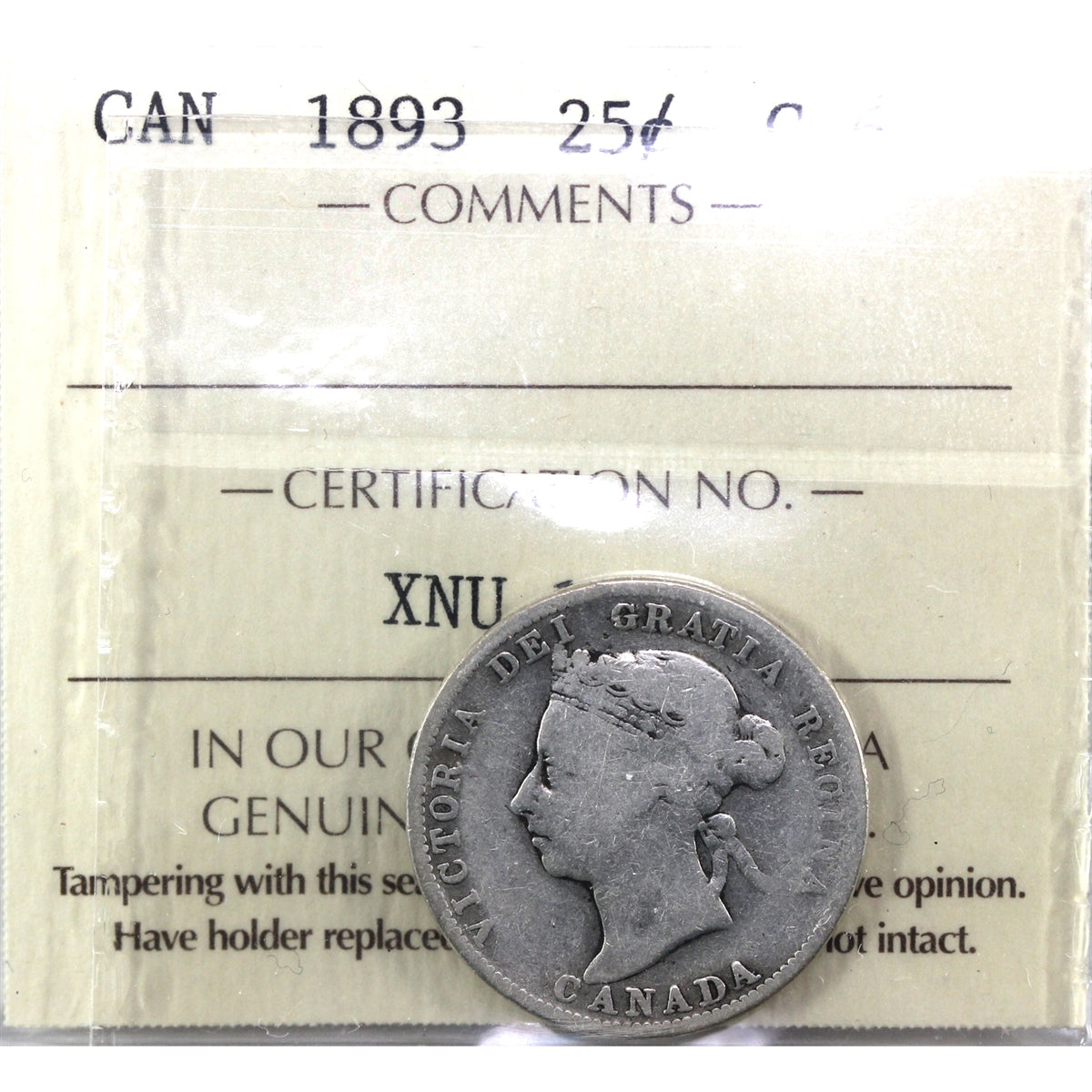 1893 Canada 25-cents ICCS Certified G6