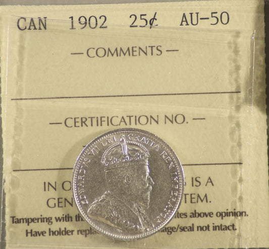 1902 Canada 25-cents ICCS Certified AU50