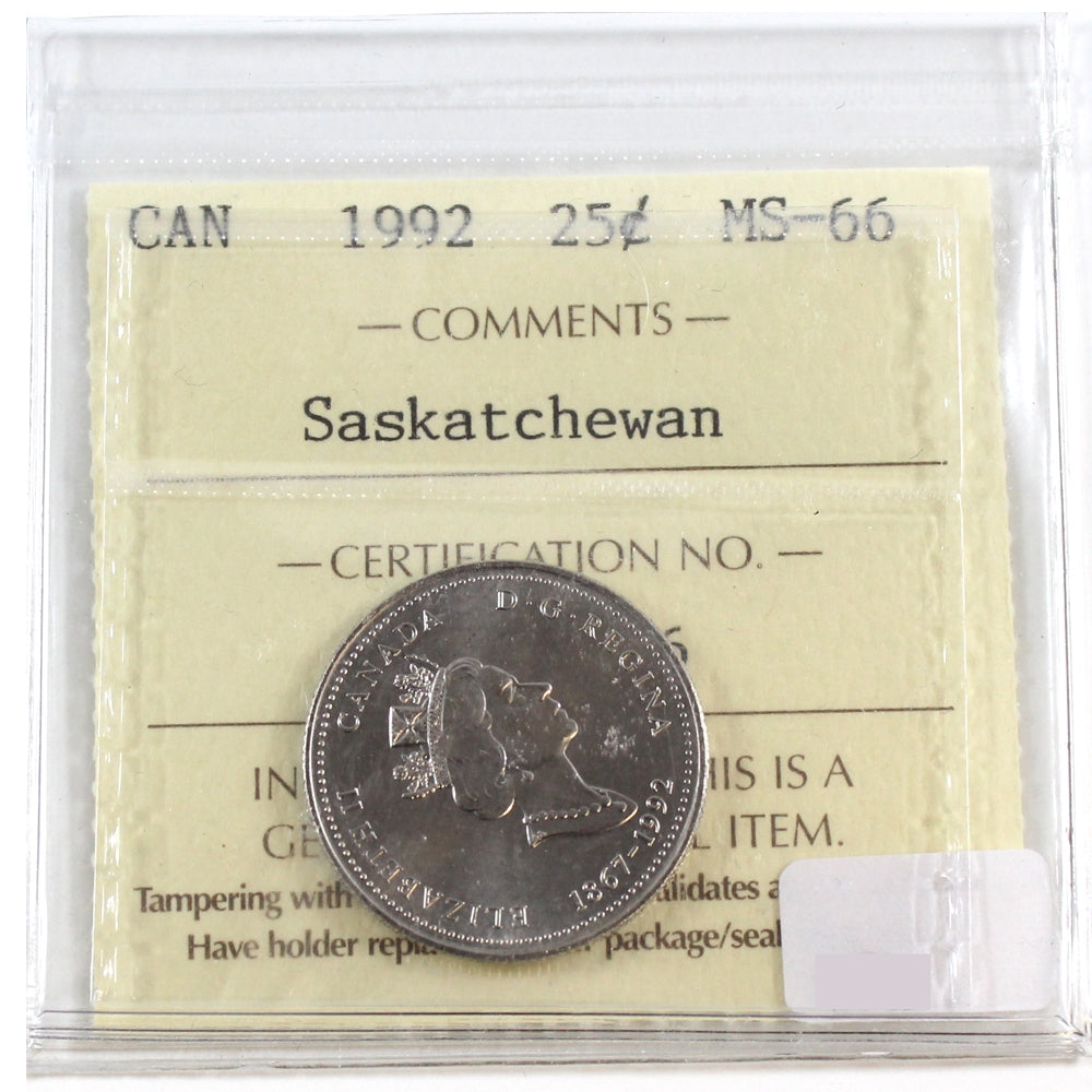 1992 Saskatchewan Canada 25-cents ICCS Certified MS66