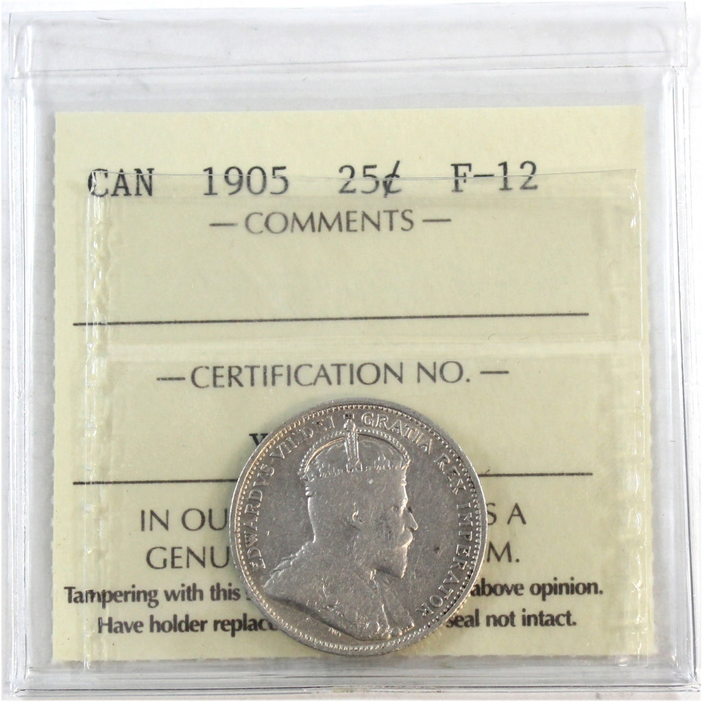 1905 Canada 25-cents ICCS Certified F12