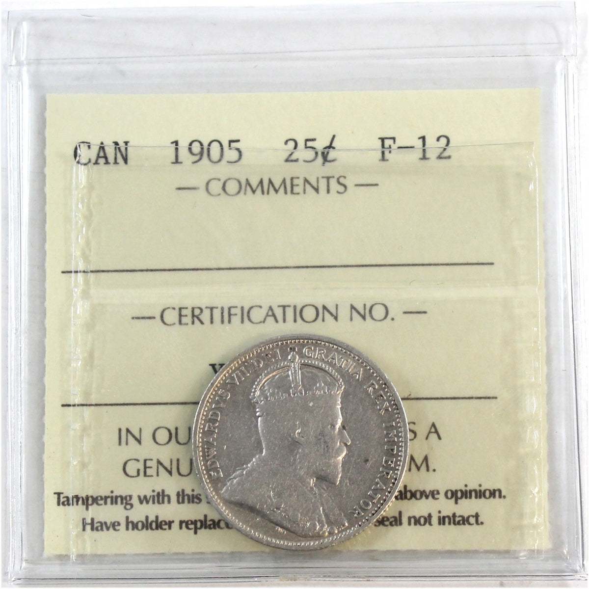 1905 Canada 25-cents ICCS Certified F12