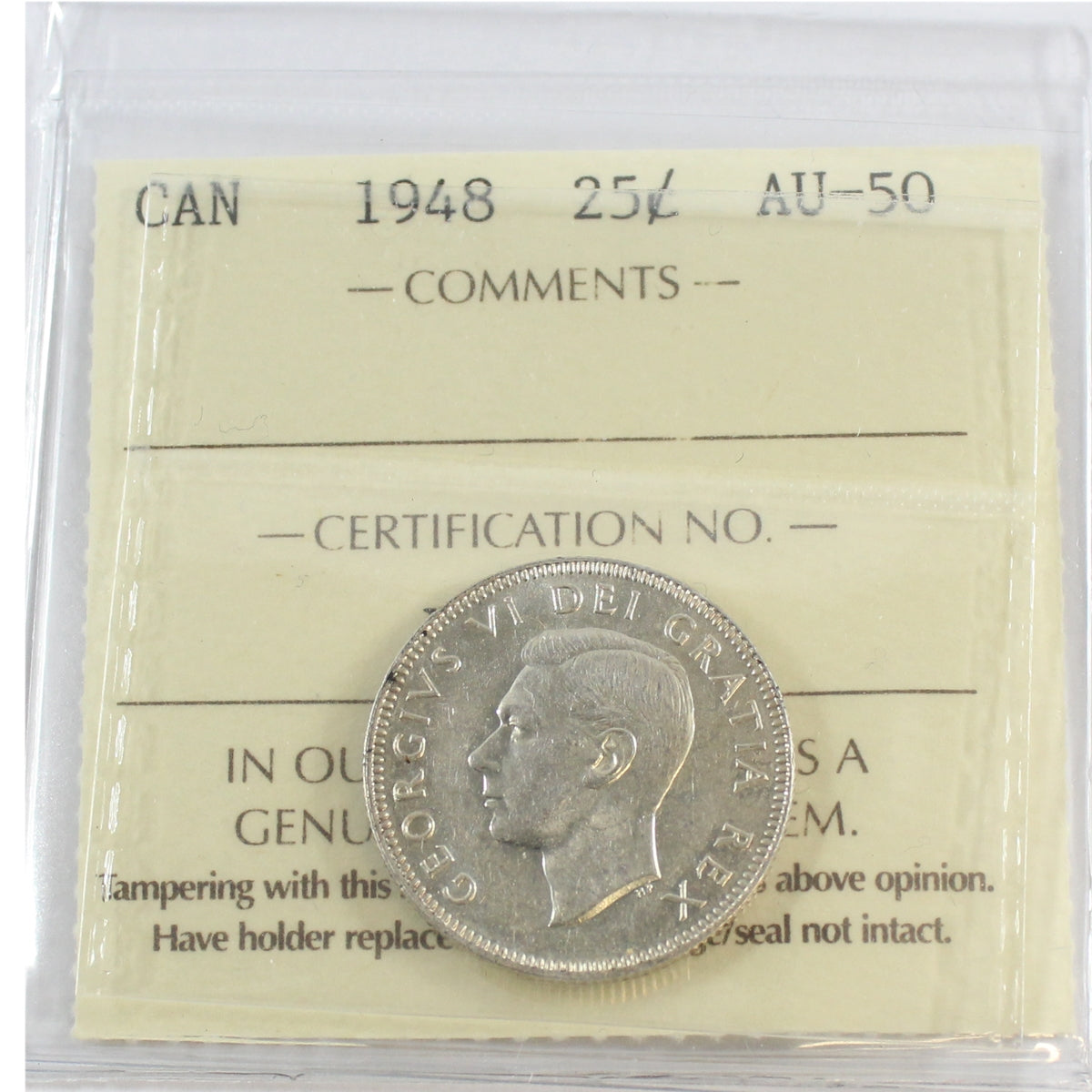 1948 Canada 25-cents ICCS Certified AU50