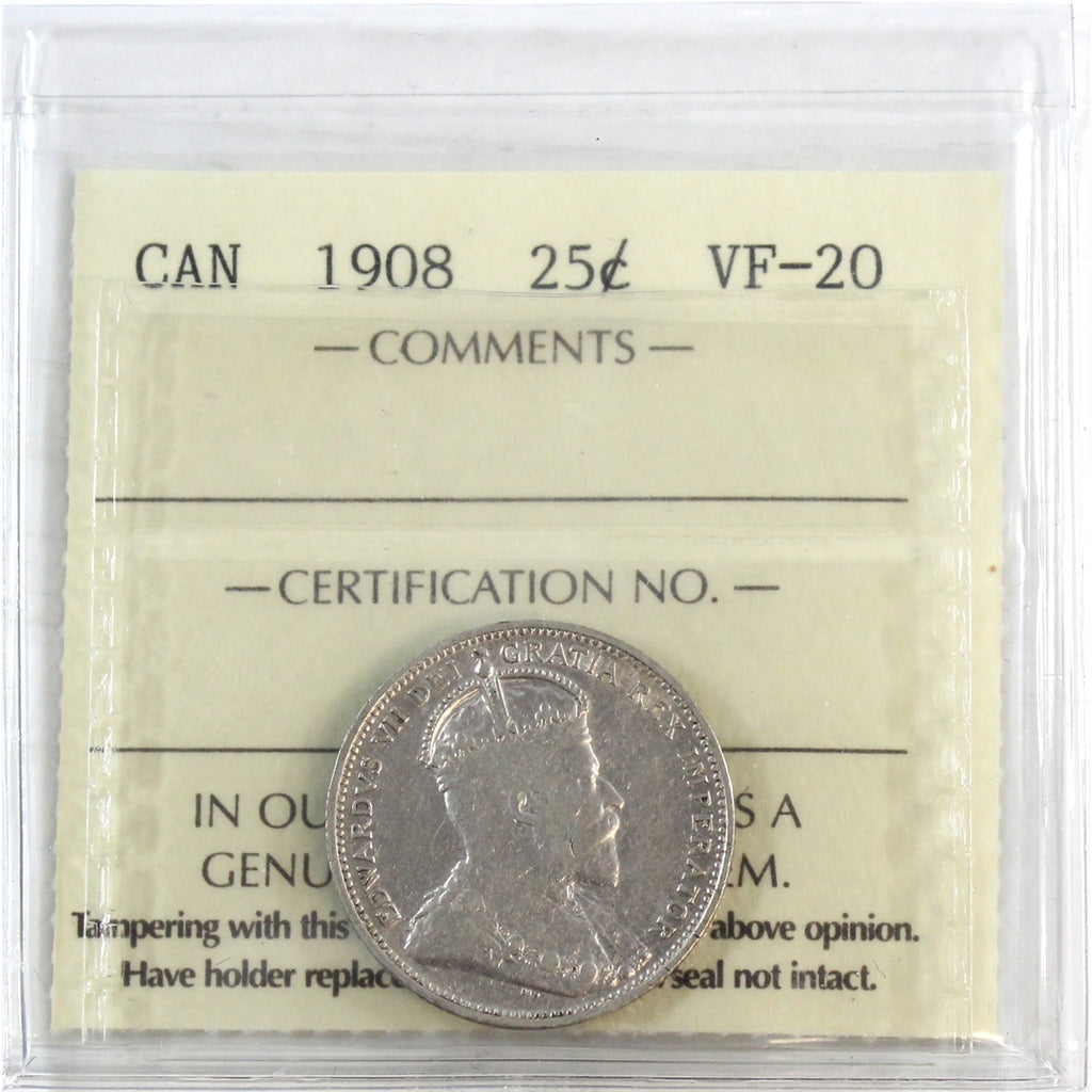 1908 Canada 25-cents ICCS Certified VF20