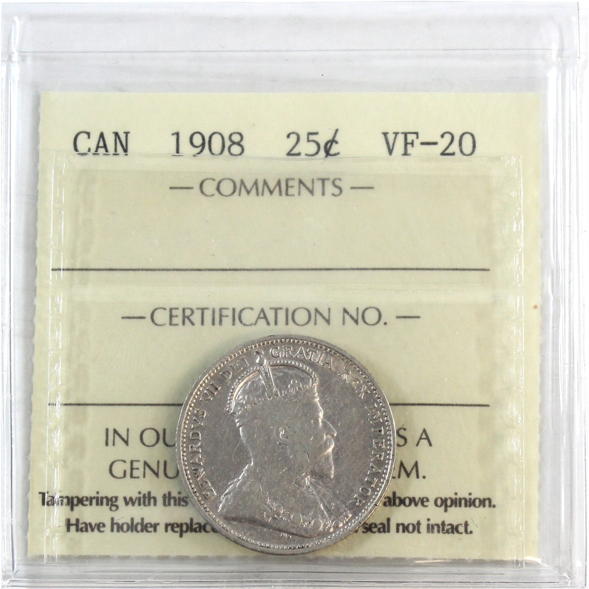 1908 Canada 25-cents ICCS Certified VF20