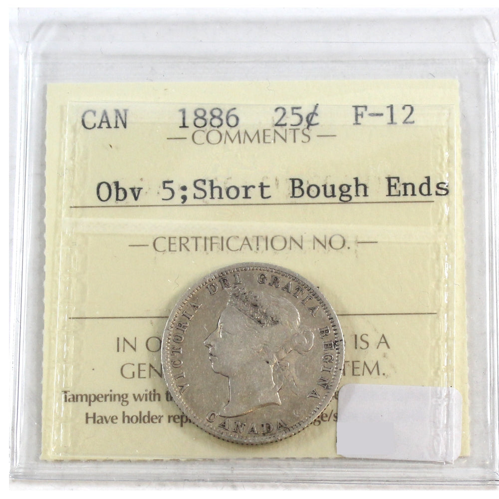 1886 Short Bough, Obv. 5 Canada 25-cents ICCS Certified F12