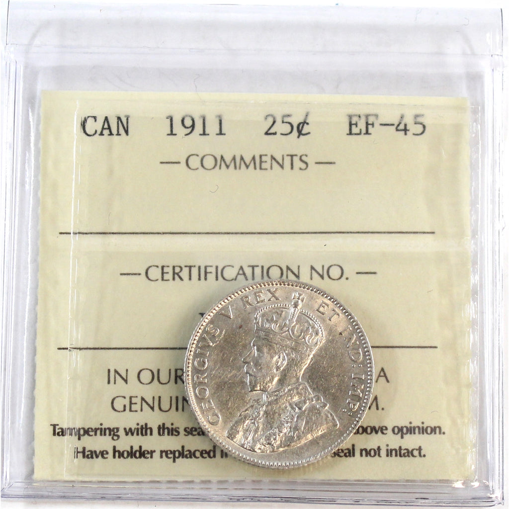 1911 Canada 25-cents ICCS Certified EF45