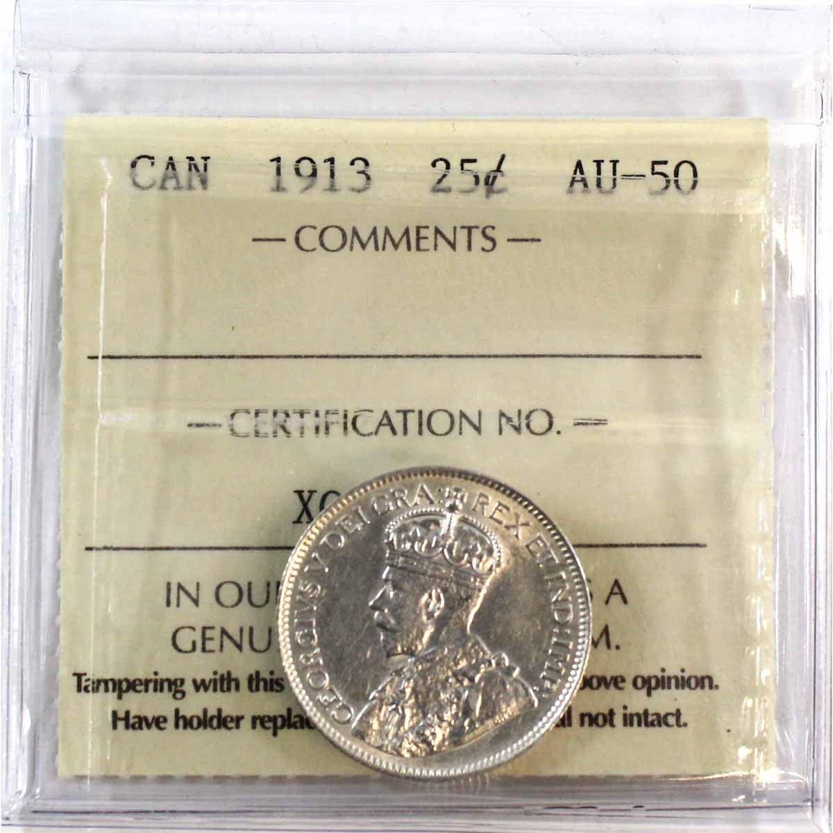 1913 Canada 25-cents ICCS Certified AU50