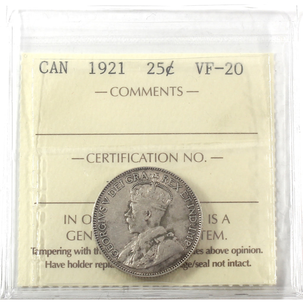 1921 Canada 25-cents ICCS Certified VF20