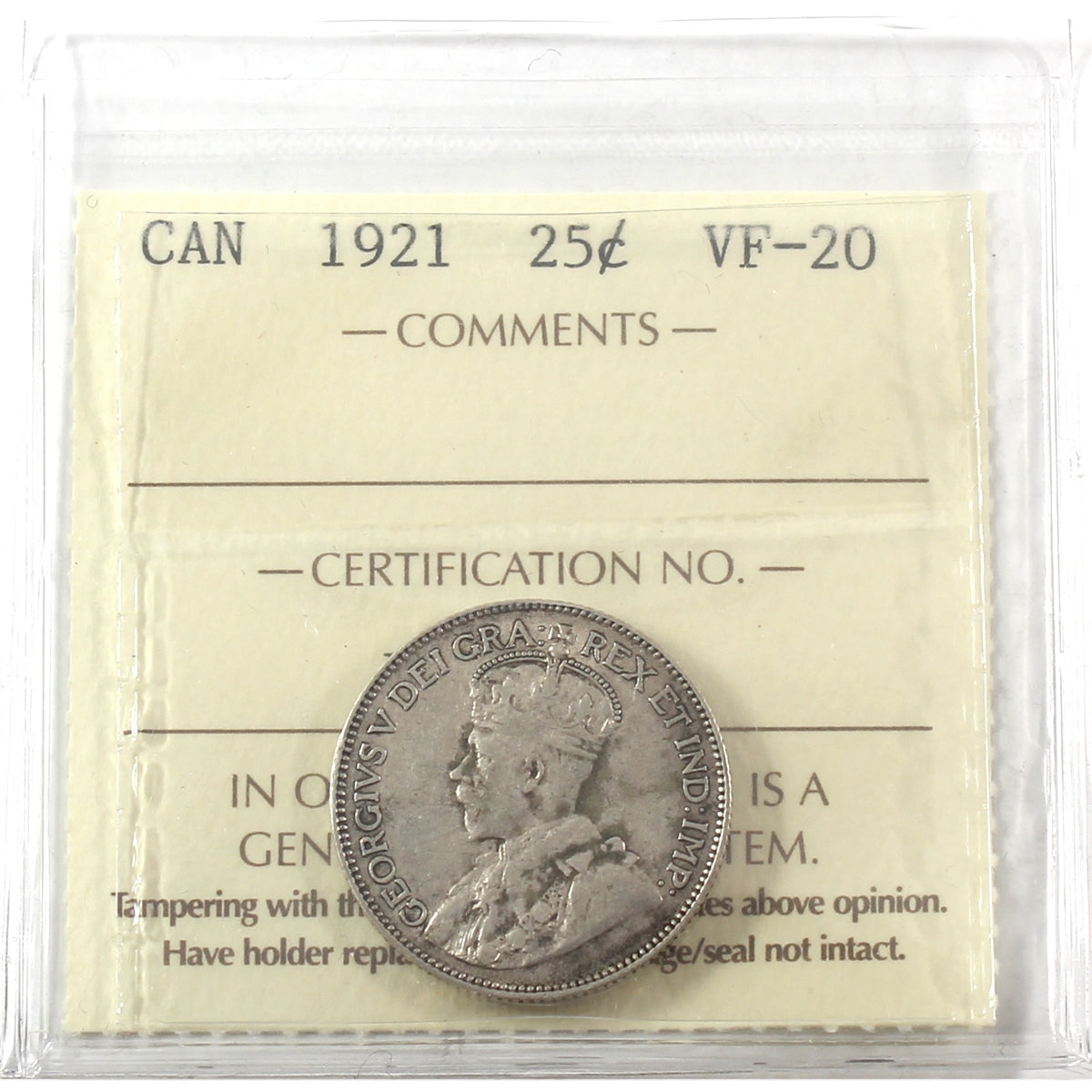1921 Canada 25-cents ICCS Certified VF20