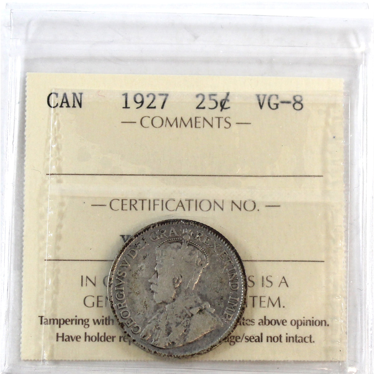 1927 Canada 25-cents ICCS Certified VG8