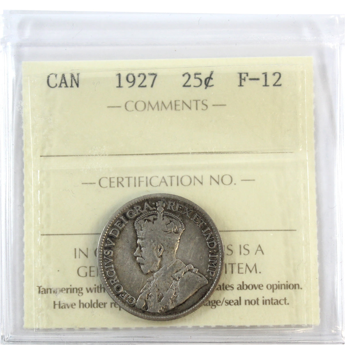 1927 Canada 25-cents ICCS Certified F12