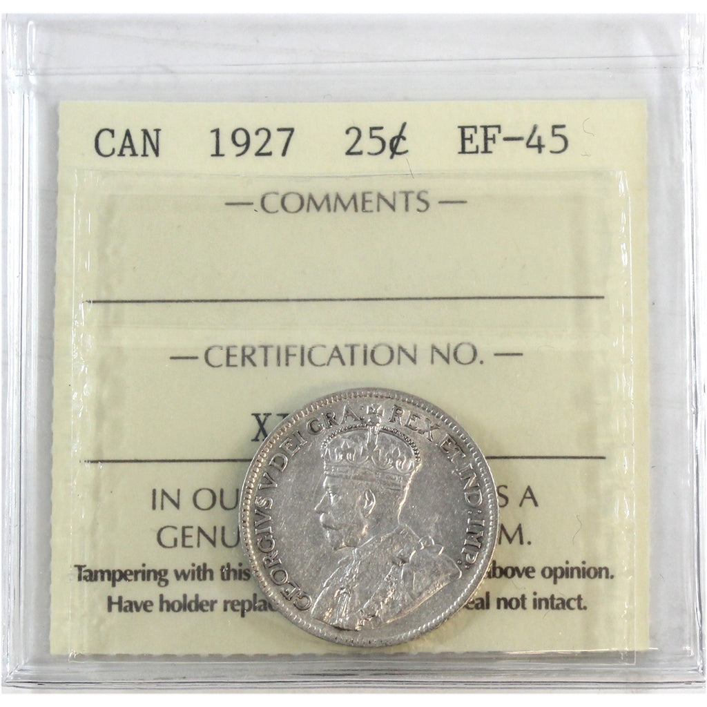 1927 Canada 25-cents ICCS Certified EF45