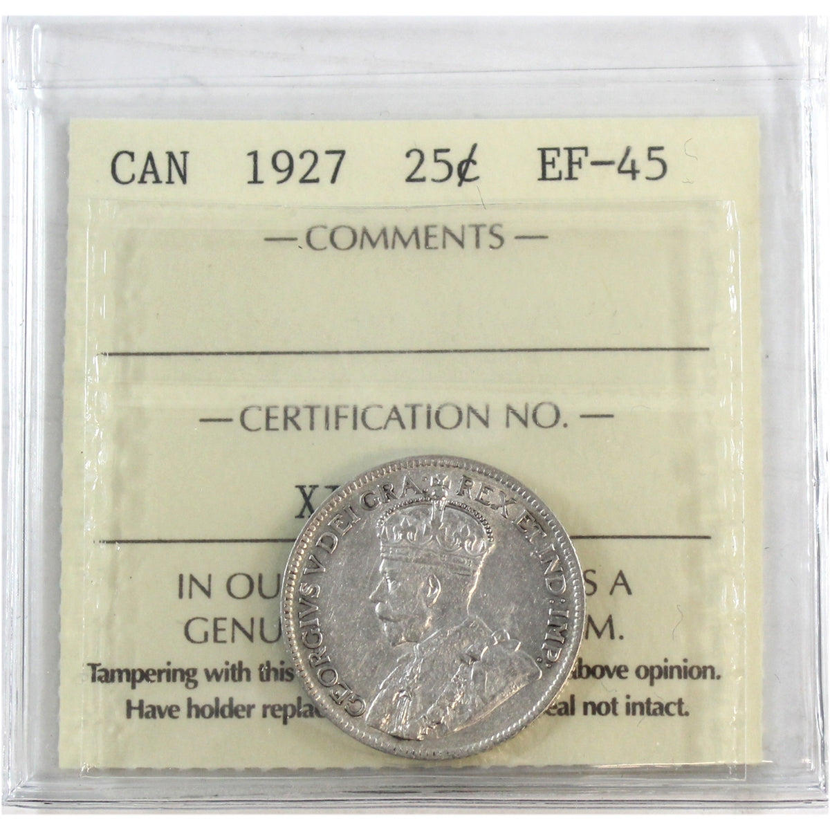 1927 Canada 25-cents ICCS Certified EF45