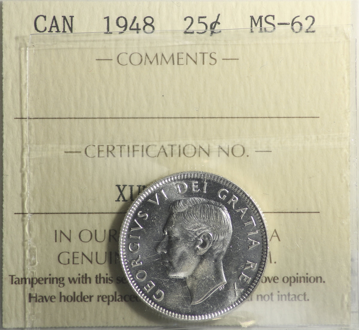 1948 Canada 25-cents ICCS Certified MS62