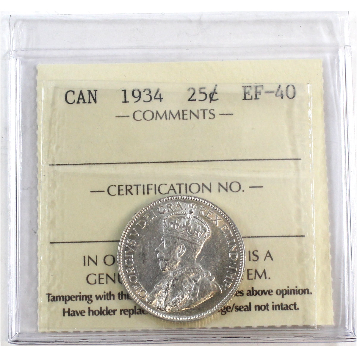 1934 Canada 25-cents ICCS Certified EF40