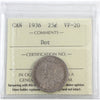 1936 Dot Canada 25-cents ICCS Certified VF20