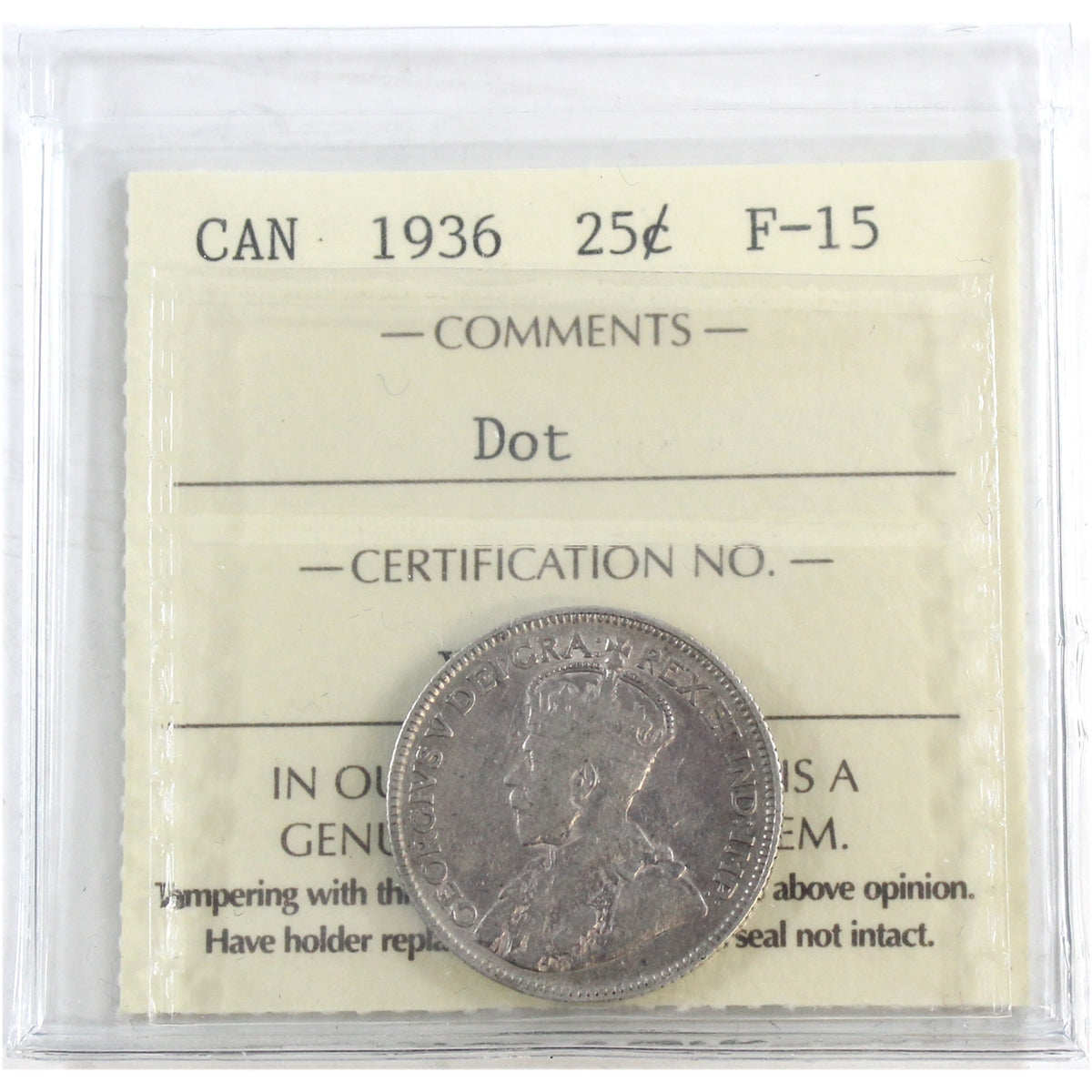 1936 Dot Canada 25-cents ICCS Certified F15