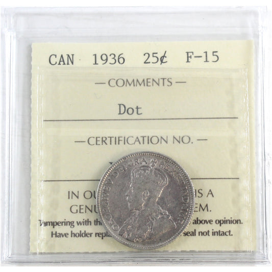 1936 Dot Canada 25-cents ICCS Certified F15