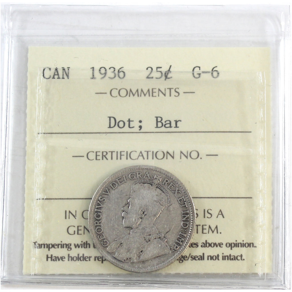 1936 Dot, Bar Canada 25-cents ICCS Certified G6