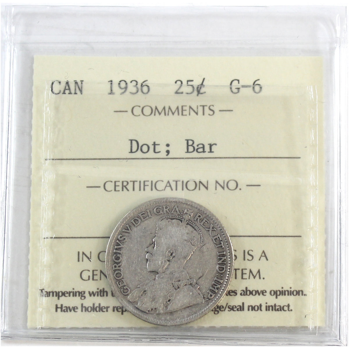 1936 Dot, Bar Canada 25-cents ICCS Certified G6