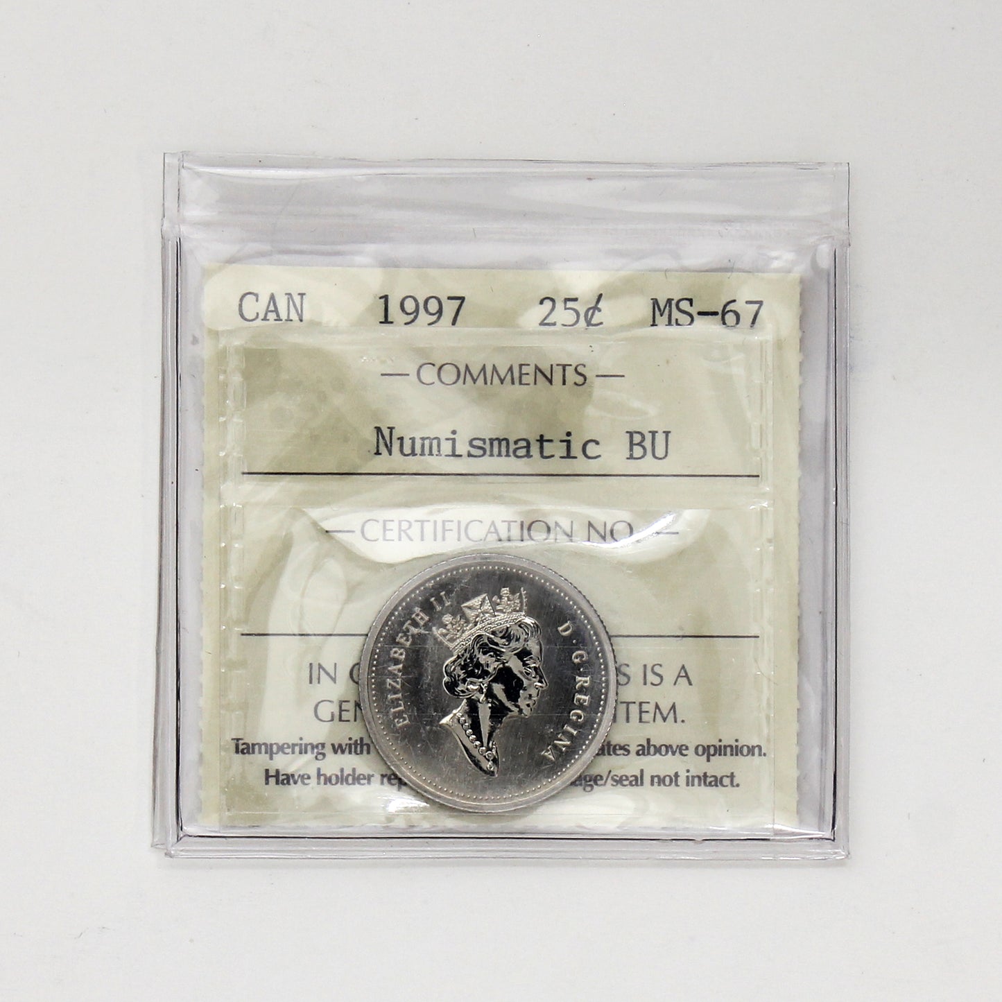 1997 Canada 25-cents ICCS Certified MS67 Numismatic BU