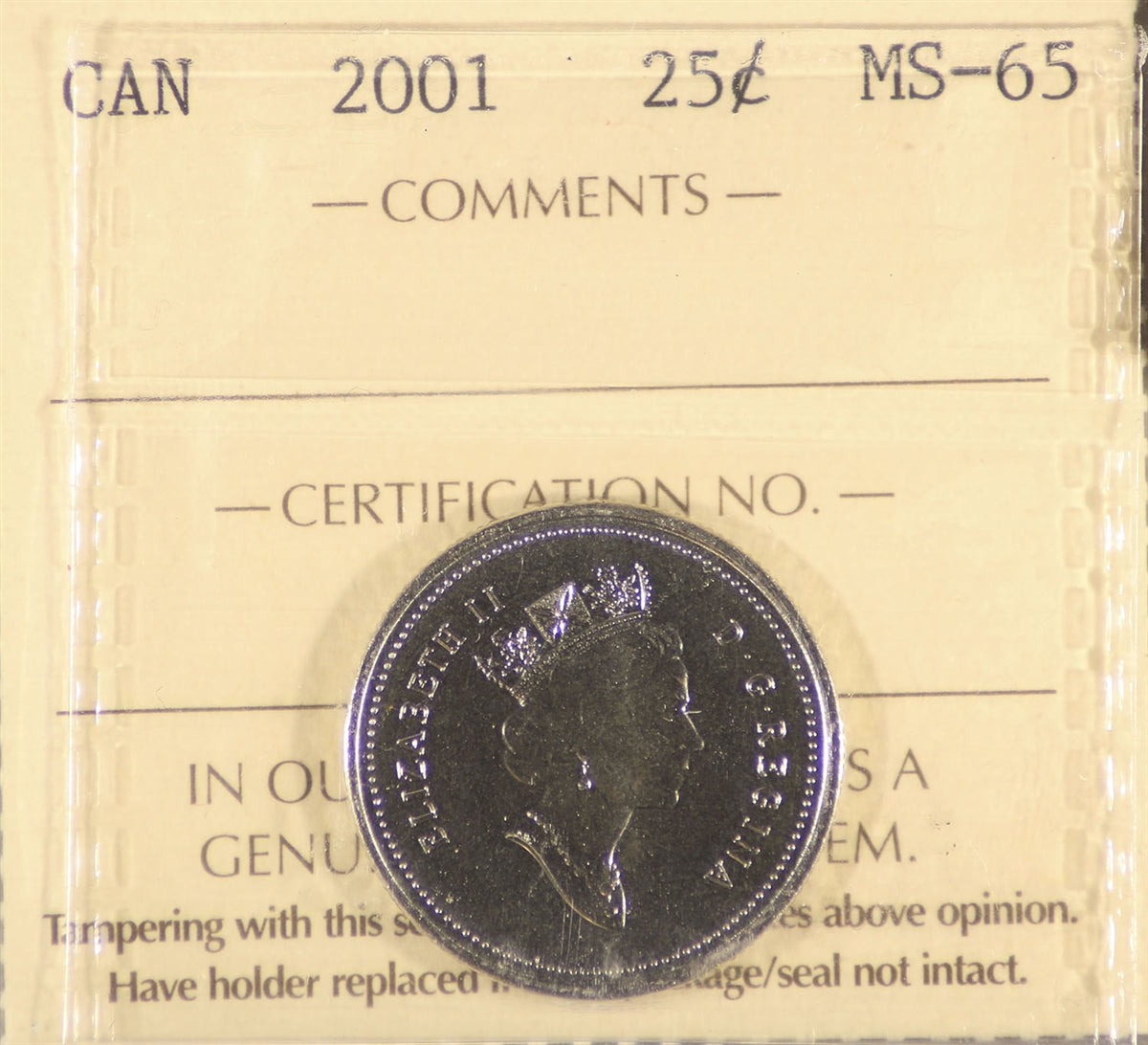2001 Canada 25-cents ICCS Certified MS65
