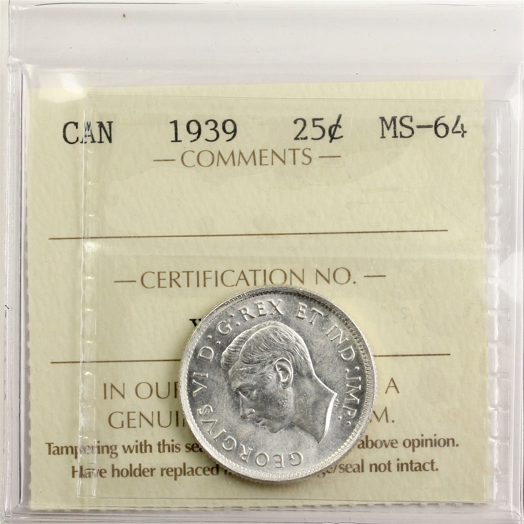 1939 Canada 25-cents ICCS Certified MS64 (XPJ 539)